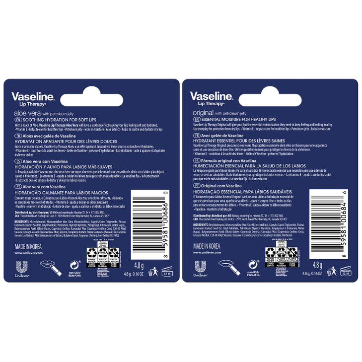 Vaseline Lip Therapy Variety 4Pack Original Aloe Vera Moisturizing Lip Balm with Vitamin E 016 Oz Ea