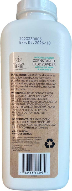 Natural Sense PlantBased Hypoallergenic Cornstarch Baby Powder with Aloe Vera Vitamin E 9oz