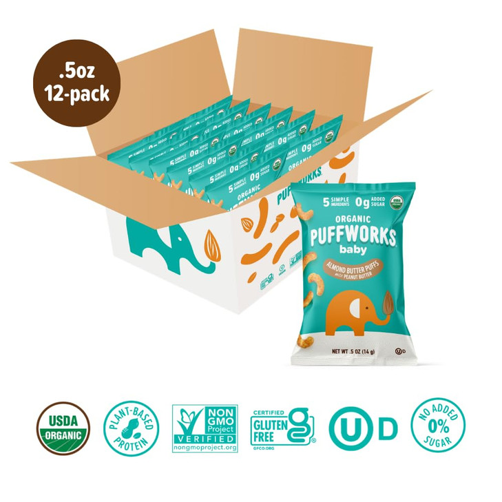 Puffworks Baby Organic Almond Butter Puffs with Peanut Butter PlantBased Protein USDA Organic No Added Sugar GlutenFree