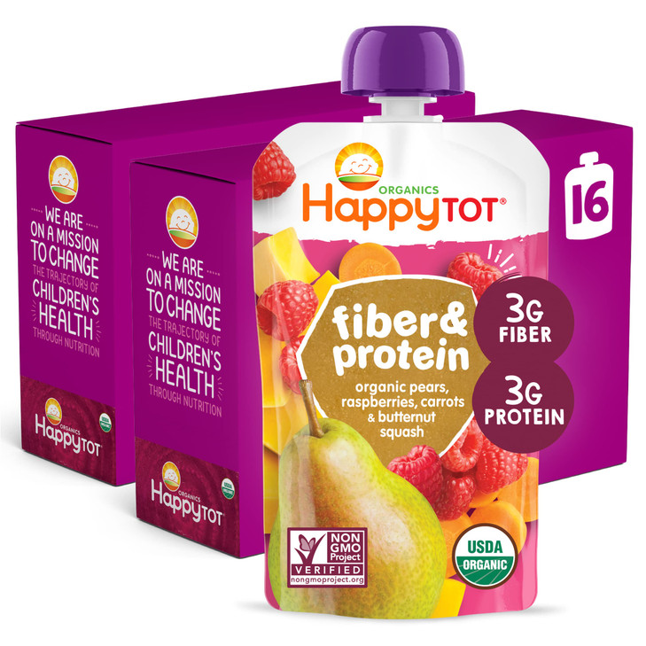 Happy Tot Organics Stage 4 Baby Food Pouches Gluten Free Vegan Snack Fiber Protein Fruit Veggie Puree Pears Raspberries