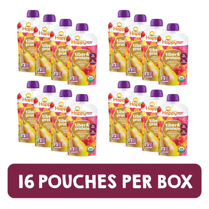 Happy Tot Organics Stage 4 Baby Food Pouches Gluten Free Vegan Snack Fiber Protein Fruit Veggie Puree Pears Raspberries