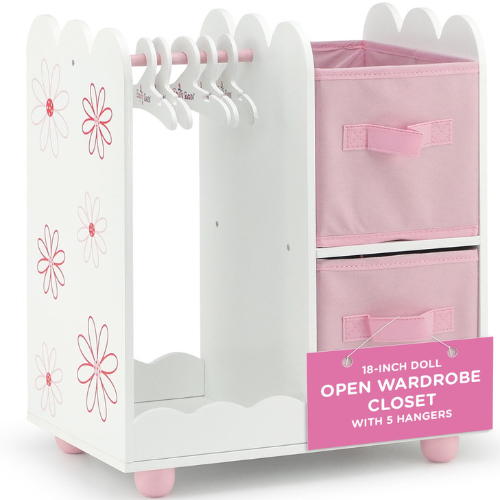 Emily Rose 18 Inch Doll Wardrobe Closet Organizer Open Storage Armoire with Clothes Hangers Bins Wooden Furniture for Am