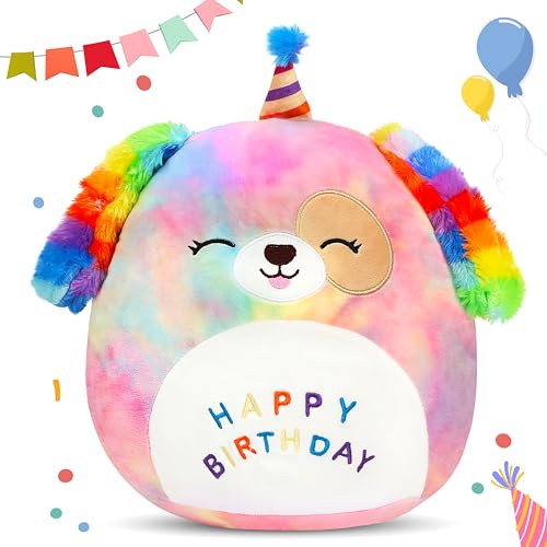 Easfan 12 Original Rainbow Birthday Dog Plush Pillow Soft Puppy Plush Toy Cute Dog Stuffed Animal Birthday Gifts for Kid