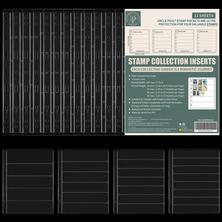 Stamp Collection Inserts Collector Stamp Album 12 Sheets with 4 Mixed Sizes Single Side for Stamp Collection Binder Kit