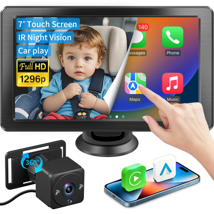 Faninso Baby Car Camera 1296P HD Car Baby Monitor with 7 Touchscreen CarPlay NoGlow Night Vision 150 Wide Angle Live Rea