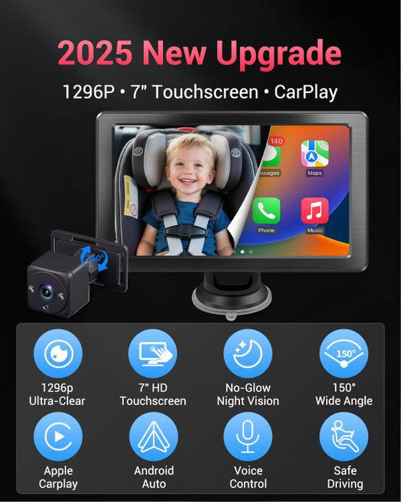 Faninso Baby Car Camera 1296P HD Car Baby Monitor with 7 Touchscreen CarPlay NoGlow Night Vision 150 Wide Angle Live Rea