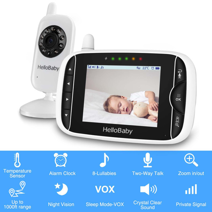 HelloBaby Video Baby Monitor with Camera and Audio 32Inch LCD Display Infrared Night Vision TwoWay Audio and Room Temper