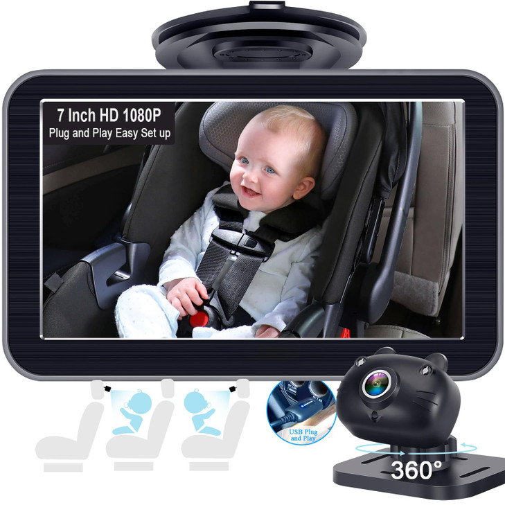 DoHonest Baby Car Camera 7Inch USB Plug and Play Easy Setup 360 Degree Rotating Backseat Camera Two Kids HD 1080P Rear F