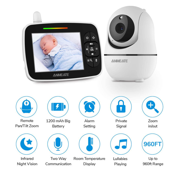 ANMEATE Baby Monitor with Remote PanTiltZoom CameraLarge Display Video Baby Monitor with Camera and Audio Infrared Night
