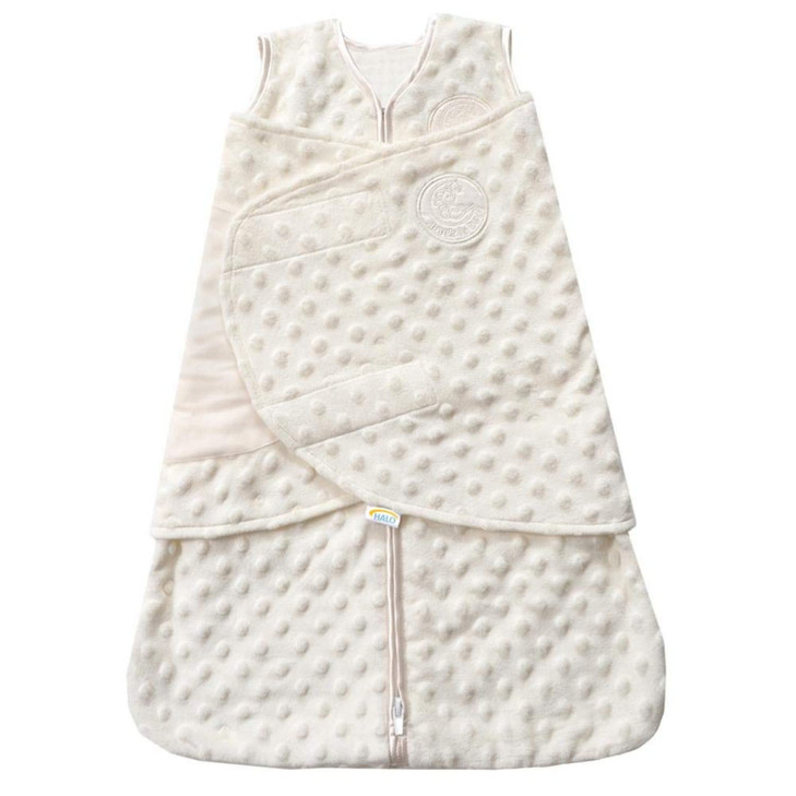 HALO Sleepsack Swaddle 3Way Adjustable Swaddle Blanket TOG 30 Velboa Plush Dots Cream Newborn 03 Months