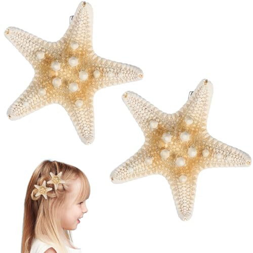 2PCS Starfish Hair Clip Mermaid Hairclips Sea Shell Accessories Handmade Natural Sea Star Hair Pin Cute Headwear for Girls Women, Random Size
