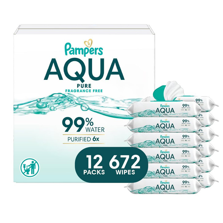Pampers Baby Wipes Aqua Pure 99 waterbased wipes Hypoallergenic and Unscented Baby Wipes 672 Wipes Total 12 FlipTop Pack