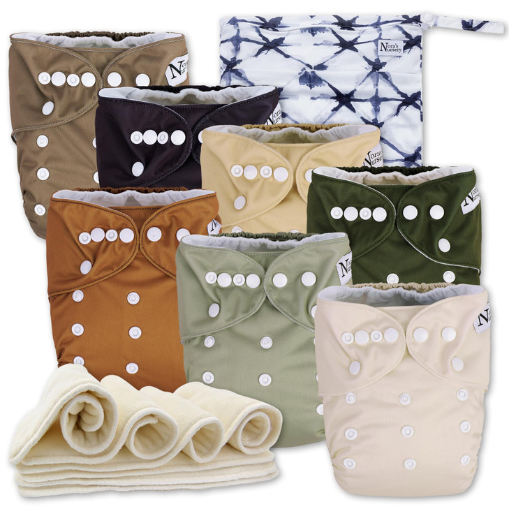 Noras Nursery Cloth Diapers 7 Pack with 7 Inserts 1 Wet Bag Waterproof Cover Washable Reusable One Size Adjustable Pocke