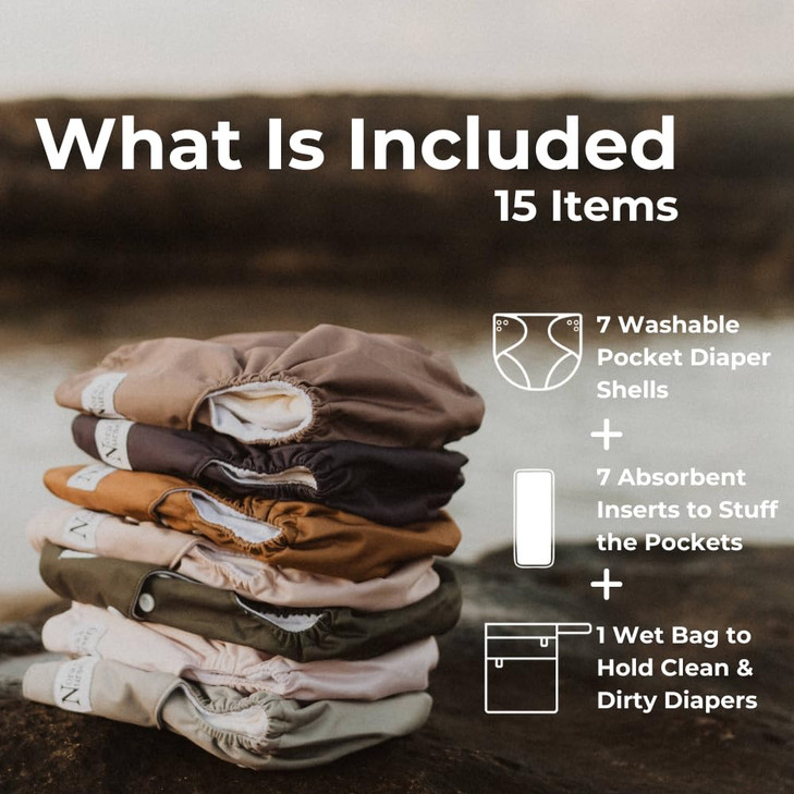 Noras Nursery Cloth Diapers 7 Pack with 7 Inserts 1 Wet Bag Waterproof Cover Washable Reusable One Size Adjustable Pocke