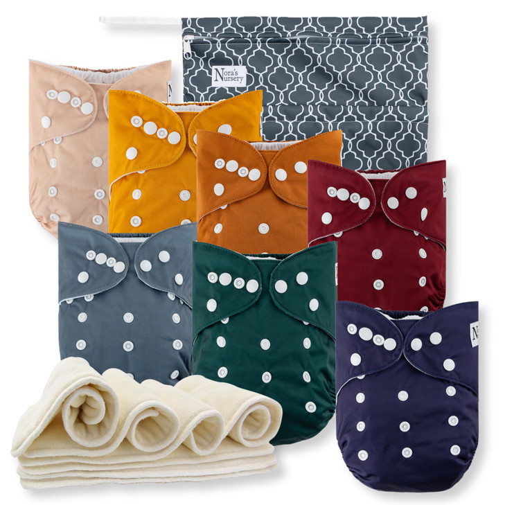 Noras Nursery Cloth Diapers 7 Pack with 7 Inserts 1 Wet Bag Waterproof Cover Washable Reusable One Size Adjustable Pocke