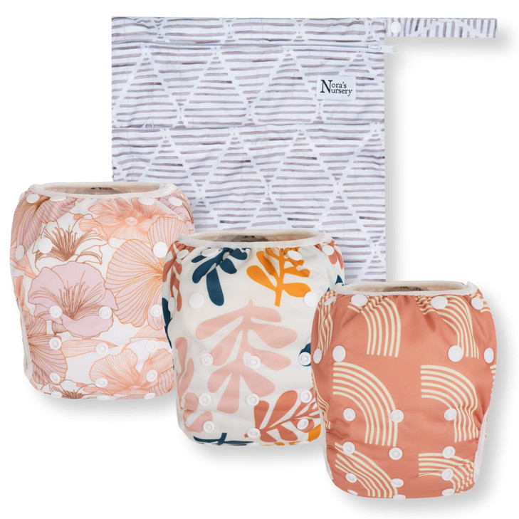 Noras Nursery Reusable Swim Diapers and Wet Bag One Size Fully Adjustable Tropical 3 Pack with Wet Bag