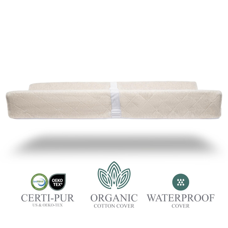 Organic Cotton Contoured Baby Changing Pad wWaterproof Foam Mattress Includes Soft Removable Washable Cover Safety Strap