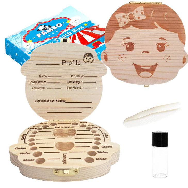 PAMBO Baby Tooth Box Keepsake for GirlsWooden Tooth Storage And Saver Box for Lost Teeth ChildrenNewborn Baby Birthday A