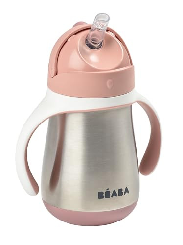 BEABA Stainless Steel Straw Sippy Cup Insulated Toddler Cups Spill Proof with Removable Handles Made with High Grade Sta