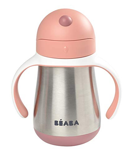 BEABA Stainless Steel Straw Sippy Cup Insulated Toddler Cups Spill Proof with Removable Handles Made with High Grade Sta