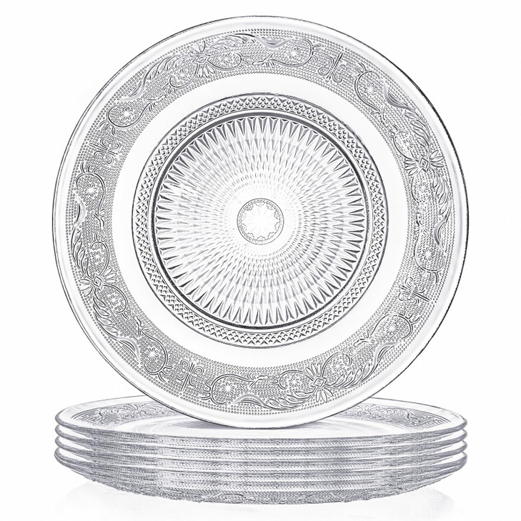 Elsjoy 6 Pack 10 Inch Large Glass Dinner Plate Clear Round Serving Plate Vintage Embossed Dinnerware for Salad Pasta Fru