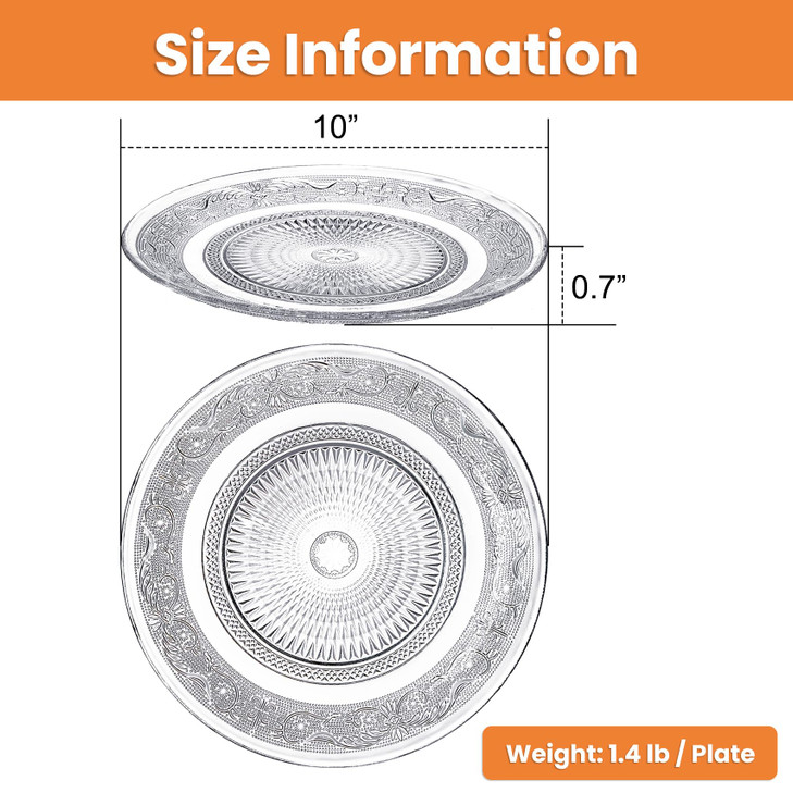 Elsjoy 6 Pack 10 Inch Large Glass Dinner Plate Clear Round Serving Plate Vintage Embossed Dinnerware for Salad Pasta Fru