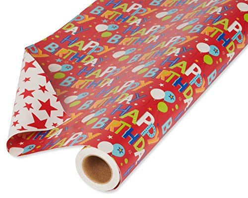 American Greetings 175 sq ft Reversible Wrapping Paper for Birthdays Happy Birthday Lettering and Stars 1 Jumbo Roll 30