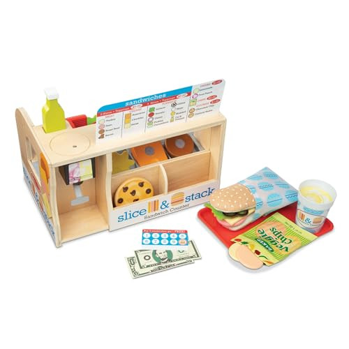 Melissa Doug SliceStackServe Wooden Sandwich Counter Pretend Play Store with Play Food Toys Play Money Deli Slicer Presc