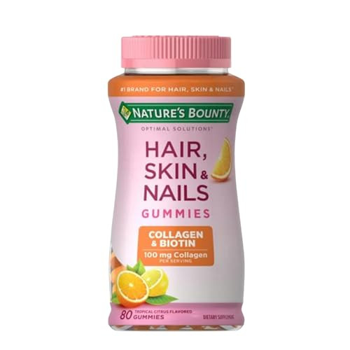 Nature's Bounty Optimal Solutions Hair, Skin & Nails with Biotin and Collagen, Citrus-Flavored Gummies Vitamin Supplement, 2500 mcg, 80 Ct, 40 Total