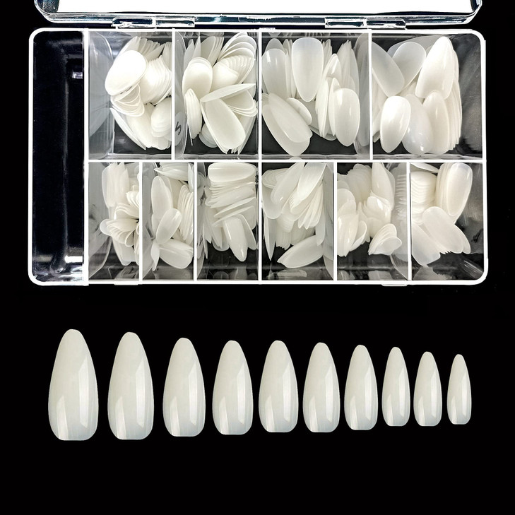 VIVACE Natural Full-Cover Stiletto 500 Artificial False Gel Nail Tips 10Sizes With Clear Plastic Case for Nail salon Nail Shop (Natural)