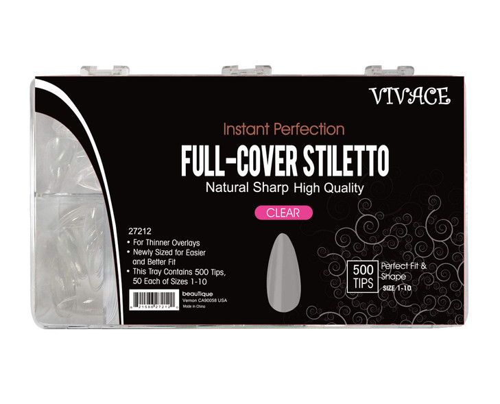 VIVACE Natural Full-Cover Stiletto 500 Artificial False Gel Nail Tips 10Sizes With Clear Plastic Case for Nail salon Nail Shop (Natural)