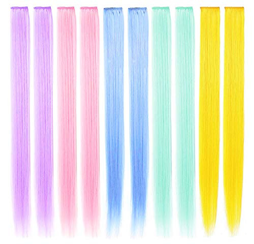 FAIRY COLOR 9 PCS Party Highlights Colorful Clip in Tinsel Hair Extensions?Synthetic Straight Long Hairpieces (Rainbow Color)