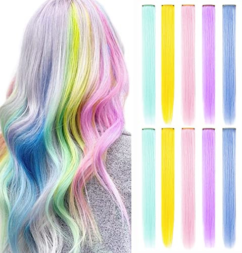 FAIRY COLOR 9 PCS Party Highlights Colorful Clip in Tinsel Hair Extensions?Synthetic Straight Long Hairpieces (Rainbow Color)