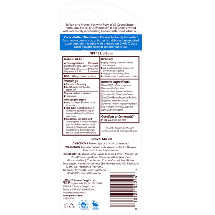 Palmer's Cocoa Butter Formula Duo Pack, Moisturizing Swivel Stick and Lip Balm with Vitamin E, All Day Moisturization, For use on Lips, Dry Patches,