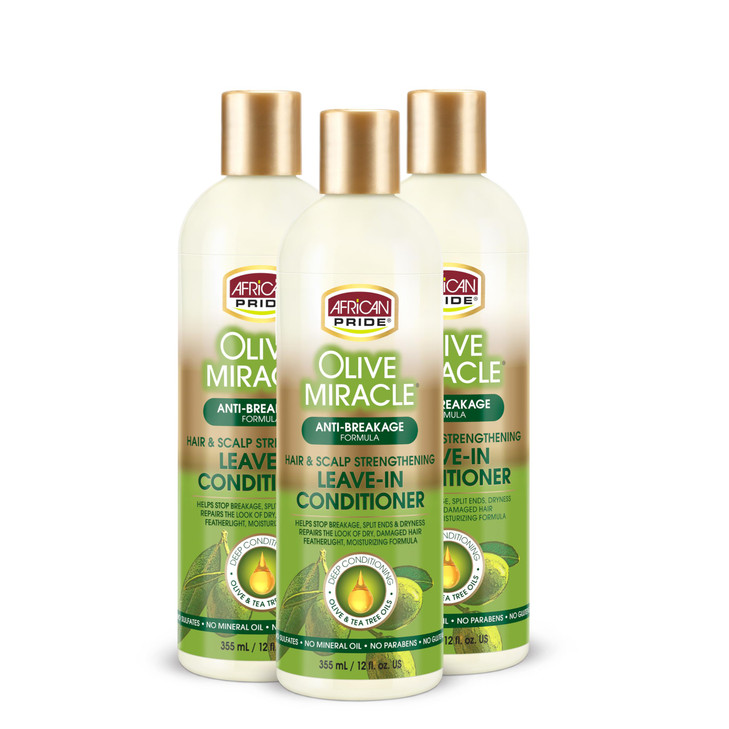 African Pride Olive Miracle LeaveIn Conditioner 3 Pack enriched with olive oil and tea tree to seal in moisture and prev
