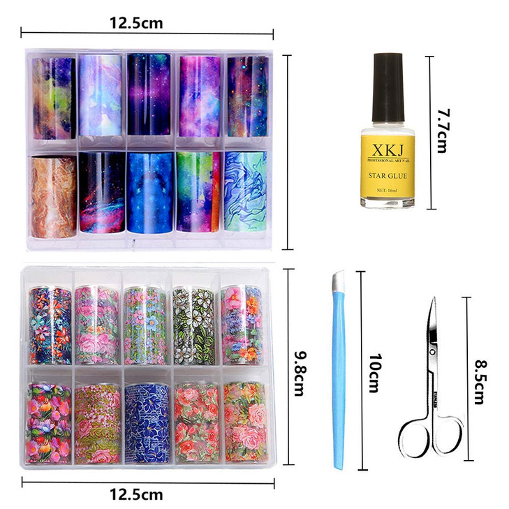 Kalolary 20 Color Starry Sky Stars Nail Art Foil with Nail Glue, Holographic Nail Art Transfer Stickers DIY Decoration, for Nail Art Salon or Home Us