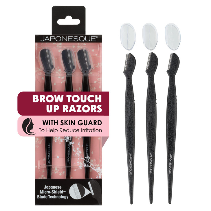Japonesque Brow Touch Up Razors with Ultra-Sharp Stainless Steel Blades, for Removal of Unwanted Facial Hair and Peach Fuzz, Protective Blade Cover f