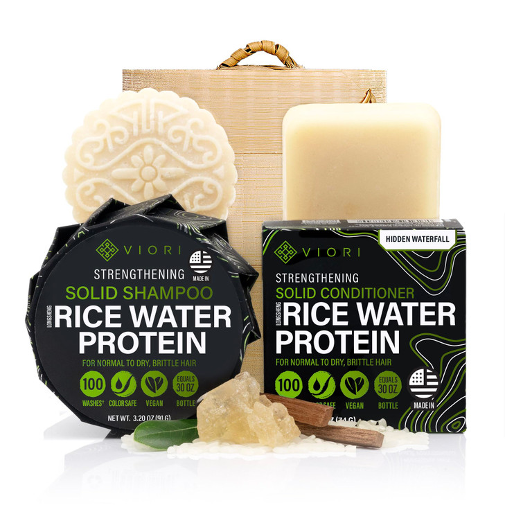Viori Hidden Waterfall Shampoo and Conditioner Bar Set and Bamboo Holder Made with Rice Water for Hair Growth Handcrafte