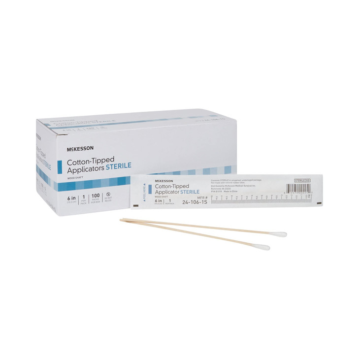 McKesson Cotton Tipped Applicator, 6 in [100 Count] Long Sterile Medical Swabs, Individually Wrapped, Wood Shaft