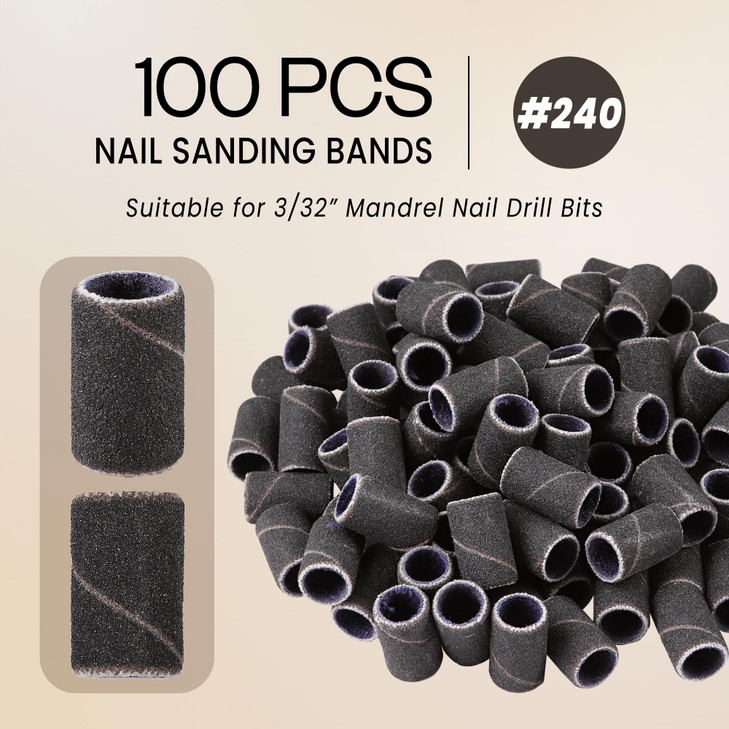 PANA 100 Pieces Nail Sanding Bands Professional Nail Manicure Great Fit for Nail Drill Bits for Acrylic Nails (240 Grit, Black)