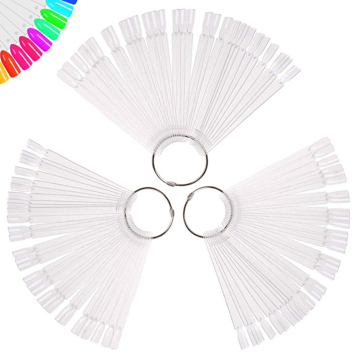 150 Pcs Clear Nail Swatch Sticks with Ring, Fan Shape Nail Art Polish Display Tips, False Nail Sample Sticks, Nail Practice Color Display, Transparen