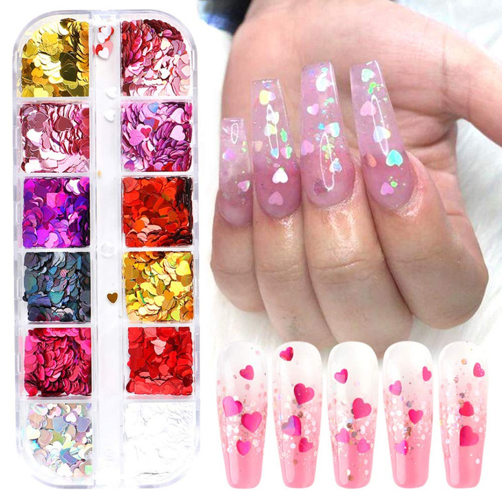 3D Heart Nail Art Stickers Glitter Decals Love Nail Sequins Laser Heart Nail Supplies Sparkle Nail Flakes Mixed Size Colorful Shiny Design for Acryli