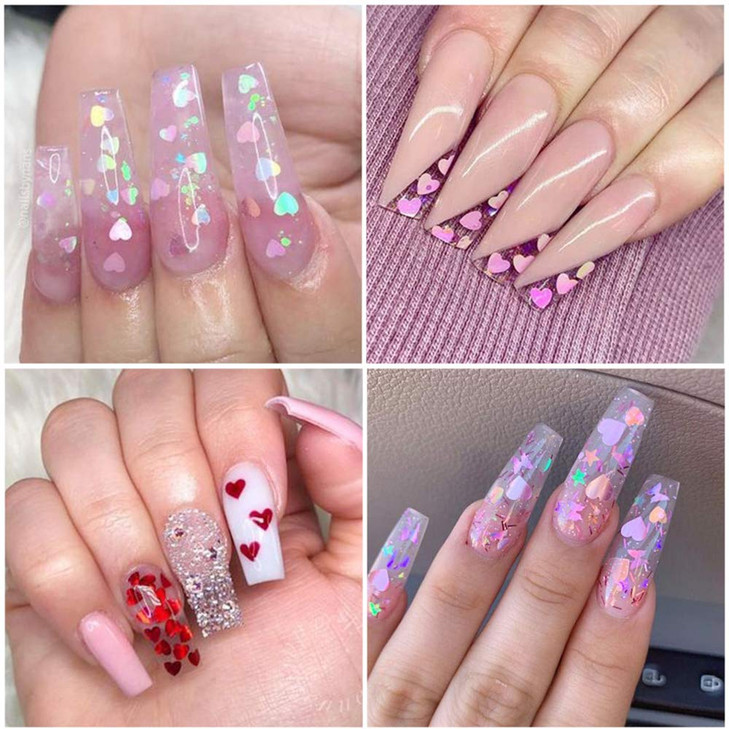 3D Heart Nail Art Stickers Glitter Decals Love Nail Sequins Laser Heart Nail Supplies Sparkle Nail Flakes Mixed Size Colorful Shiny Design for Acryli