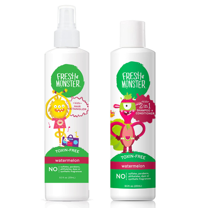 Fresh Monster Kids Hair Detangler Spray 2in1 Shampoo Conditioner Combo ToxinFree Hypoallergenic Natural Watermelon 85 oz