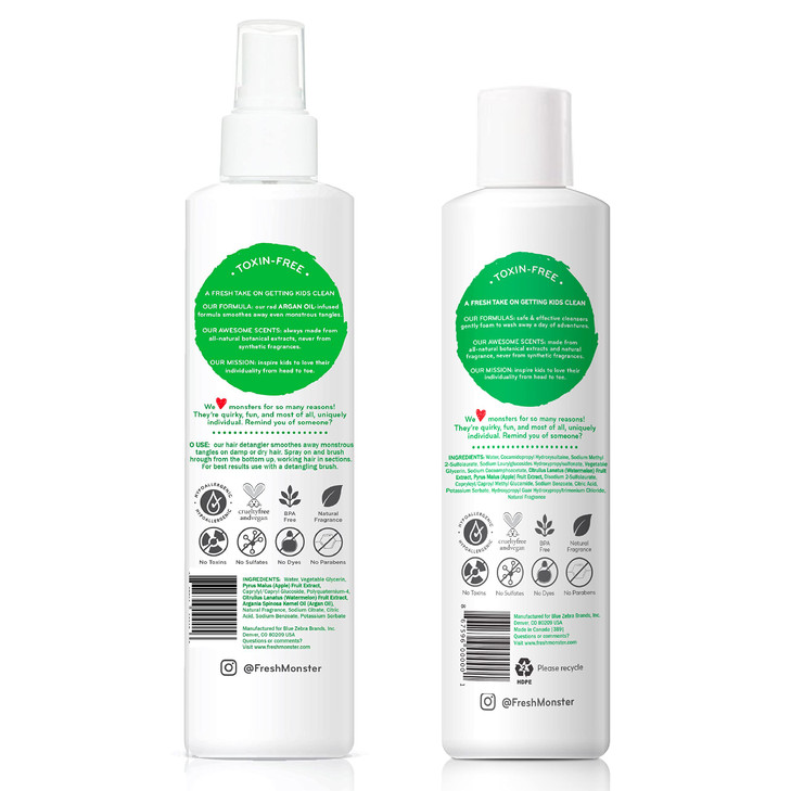 Fresh Monster Kids Hair Detangler Spray 2in1 Shampoo Conditioner Combo ToxinFree Hypoallergenic Natural Watermelon 85 oz