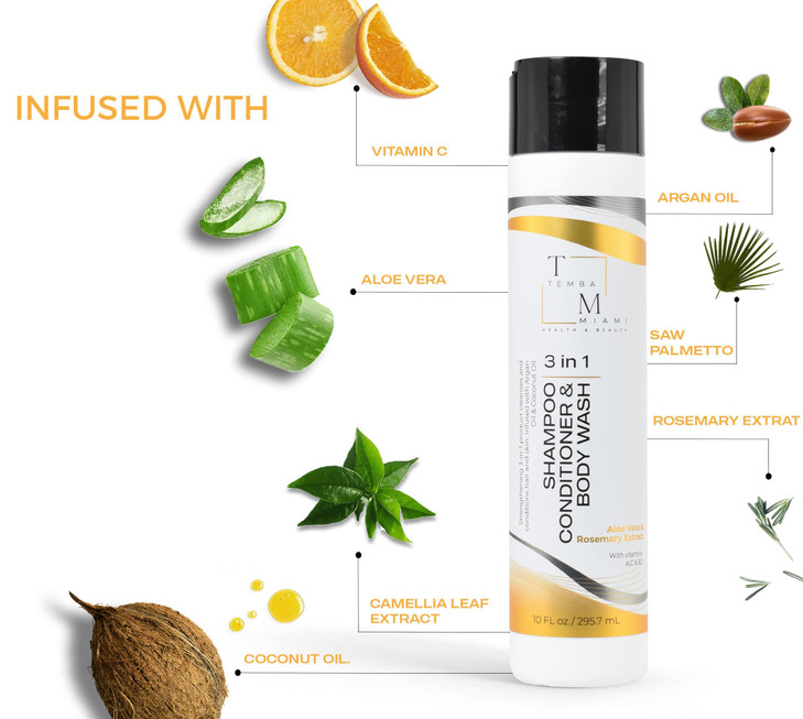 TEMBA MIAMI 3 in 1 SHAMPOOCONDITIONERBODY WASH with ALOE VERA ARGAN COCONUT OIL ROSEMARY EXTRACT CAMELLIA Leaf Extract 1