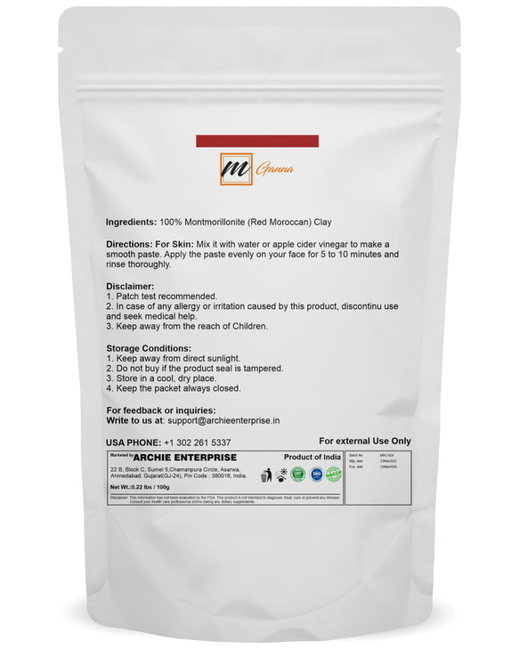 mGanna 100% Natural Moroccan Red Clay Powder for Hair Masks, Scrubs, Creams and Soap Making 0.22 LBS / 100 GMS