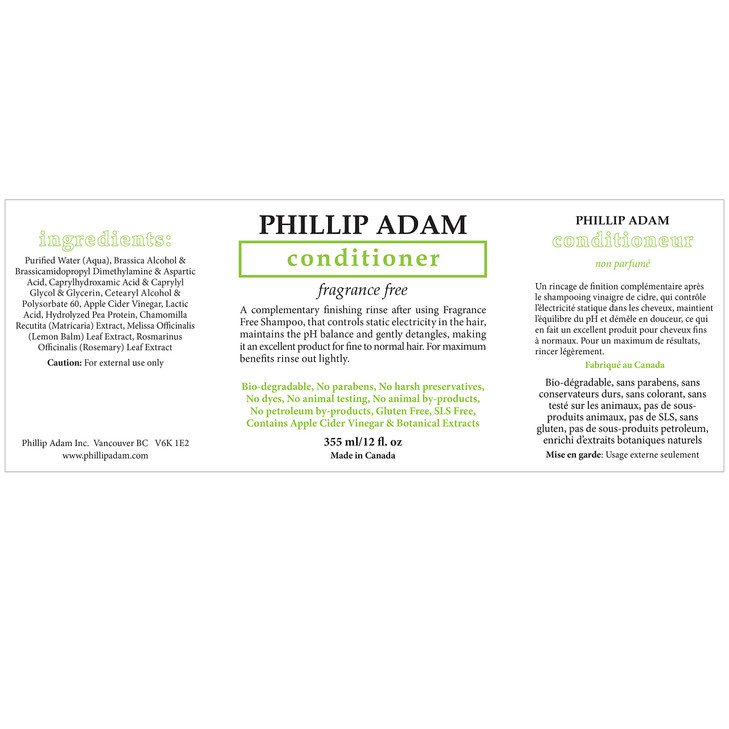 Phillip Adam Fragrance Free Conditioner Apple Cider Vinegar Formula No Parabens For All Hair Types 12 Ounce