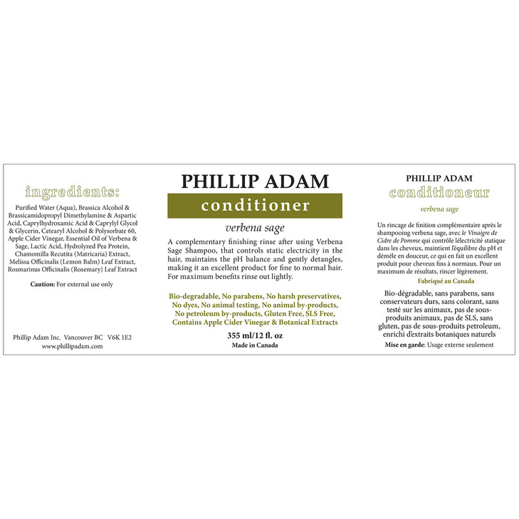 Phillip Adam Verbena Sage Conditioner for Silky Soft Hair Add Hydration and Reduce Frizz Silicone Free and Paraben Free