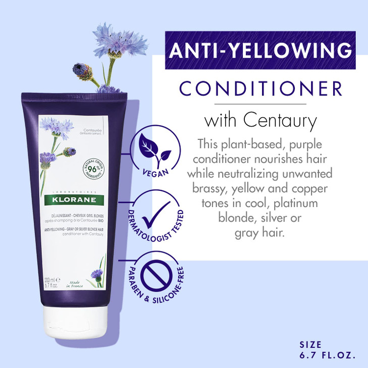 Klorane PlantBased Purple Conditioner with Centaury Brightens Blonde Gray or White Hair Neutralizes Unwanted Yellow and